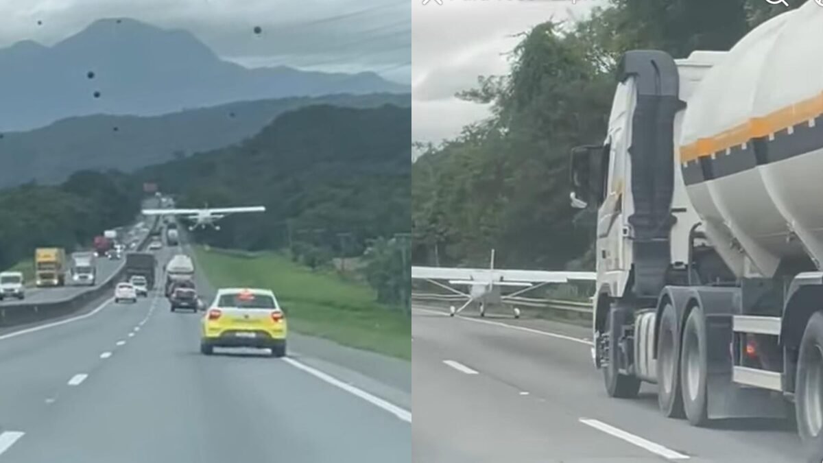 VIDEO-Aviao-faz-pouso-forcado-entre-carros-e-caminhoes-na-BR-101-em-SC