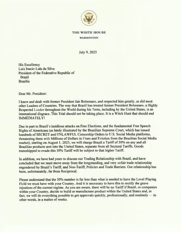 17521031835706918863289863134702 Trump impõe tarifa de 50% sobre exportações brasileiras e envia carta crítica a Lula