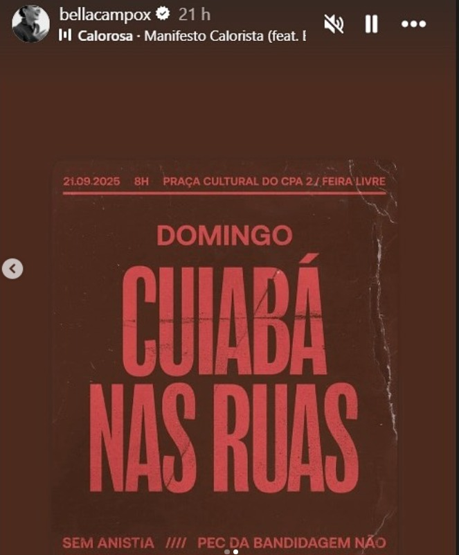 image-360 Coragem mas só Stories: Bella Campos convoca ato contra PEC da Bandidagem e PL da Anistia; e é achocalhada