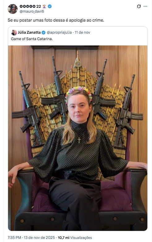 image-199 Oruam critica foto armada de Júlia Zanatta e deputada reage com ataques ao rapper
