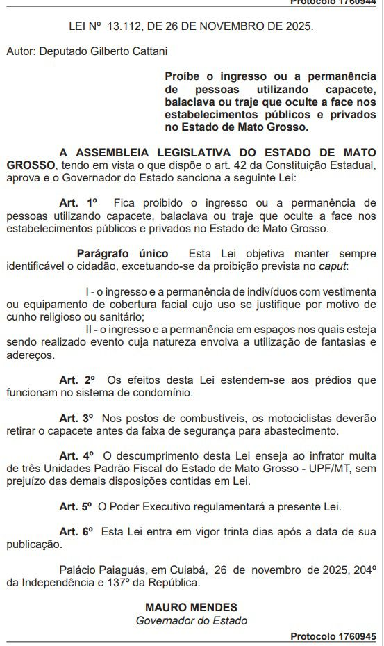 image-24 Lei de Cattani proíbe uso de capacete em estabelecimentos de MT; multa chega a R$ 761